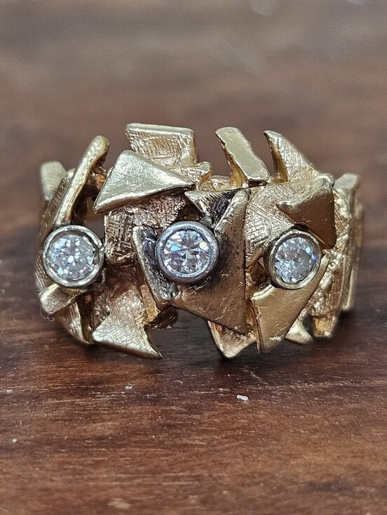 Jewelry - Vintage European Solid 14k 585 MCM Brutalist 3 Stone Diamond Nugget Ring